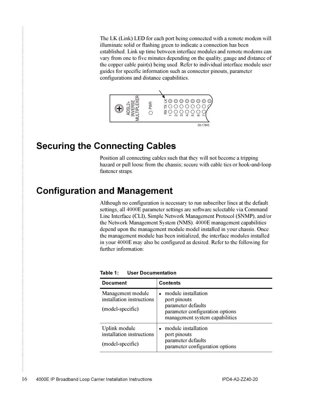 Zhone Technologies 4000E installation instructions Securing the Connecting Cables, Configuration and Management 