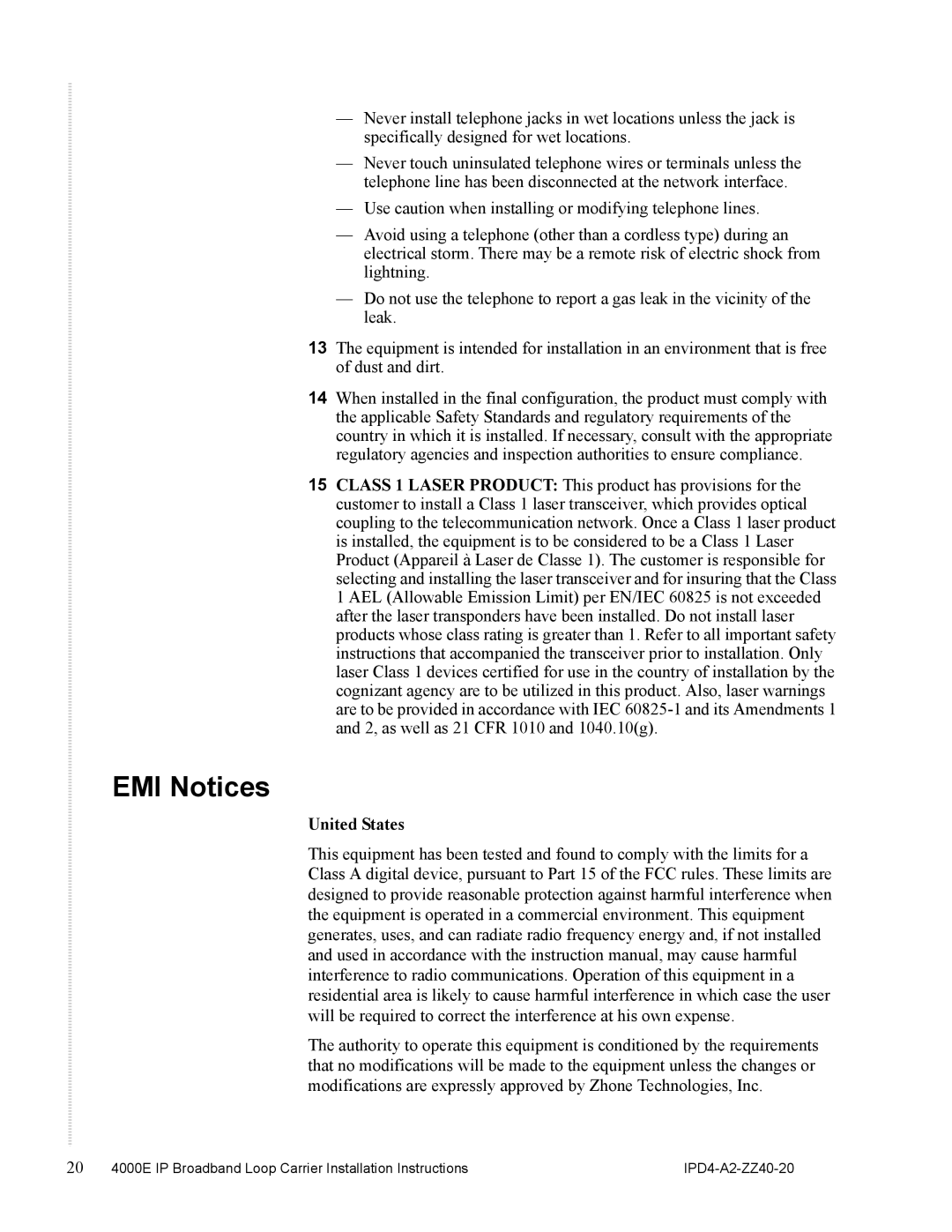 Zhone Technologies 4000E installation instructions EMI Notices, United States 