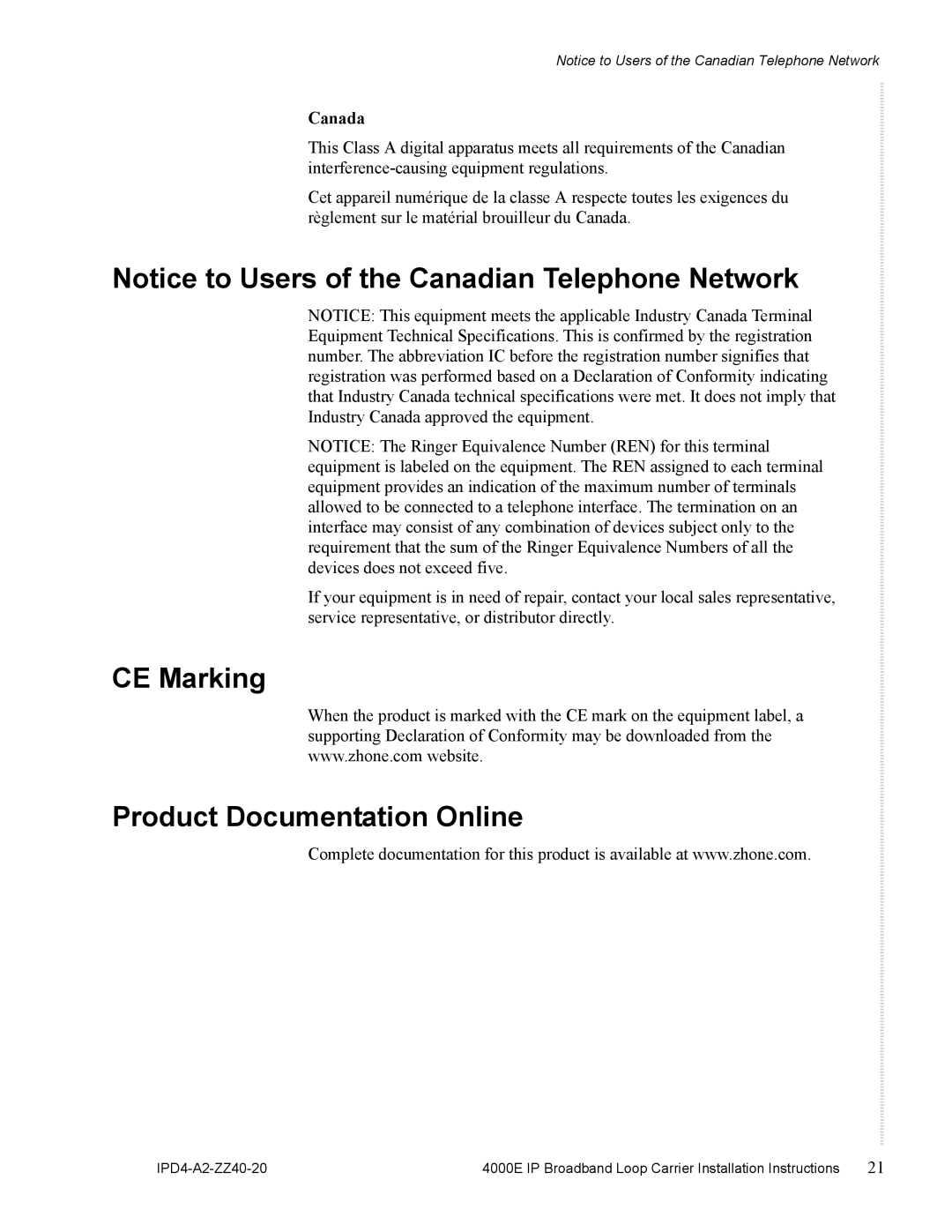 Zhone Technologies 4000E installation instructions CE Marking Product Documentation Online, Canada 