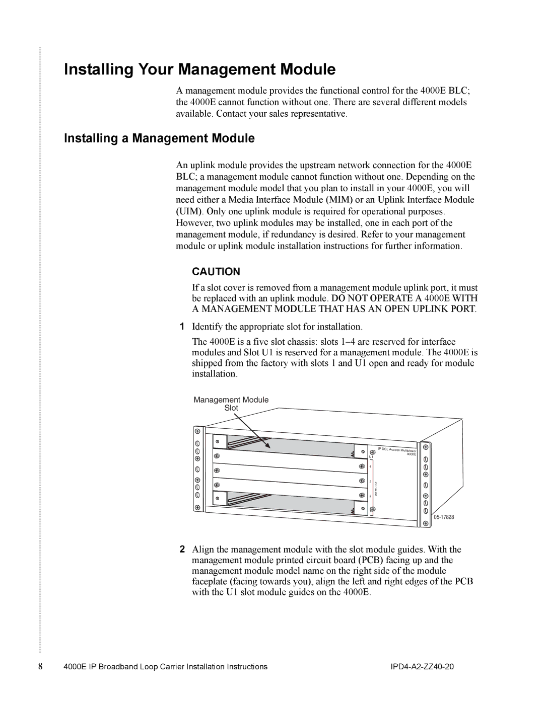 Zhone Technologies 4000E installation instructions Installing Your Management Module, Installing a Management Module 