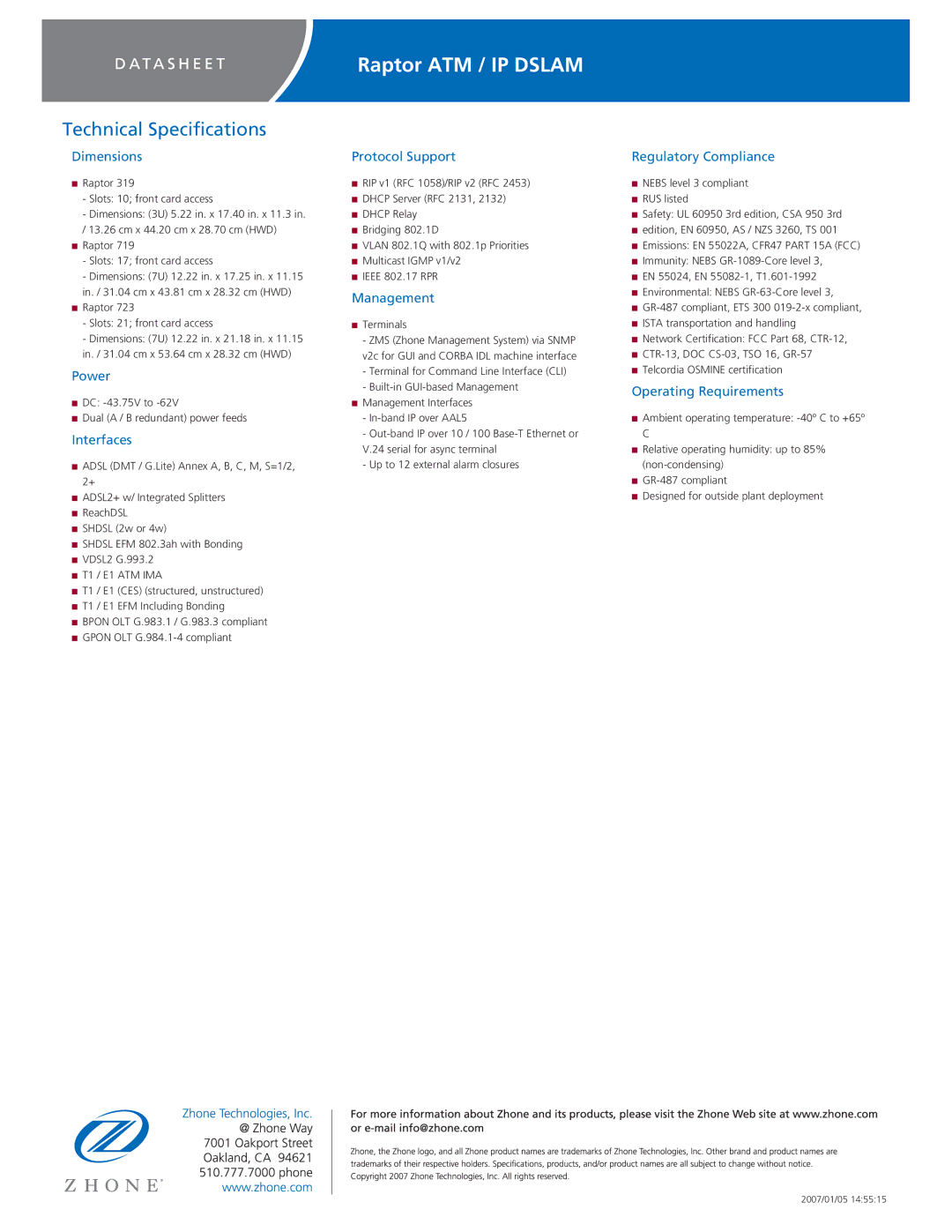 Zhone Technologies 4800 Express manual Dimensions, Power, Interfaces, Protocol Support, Management, Regulatory Compliance 