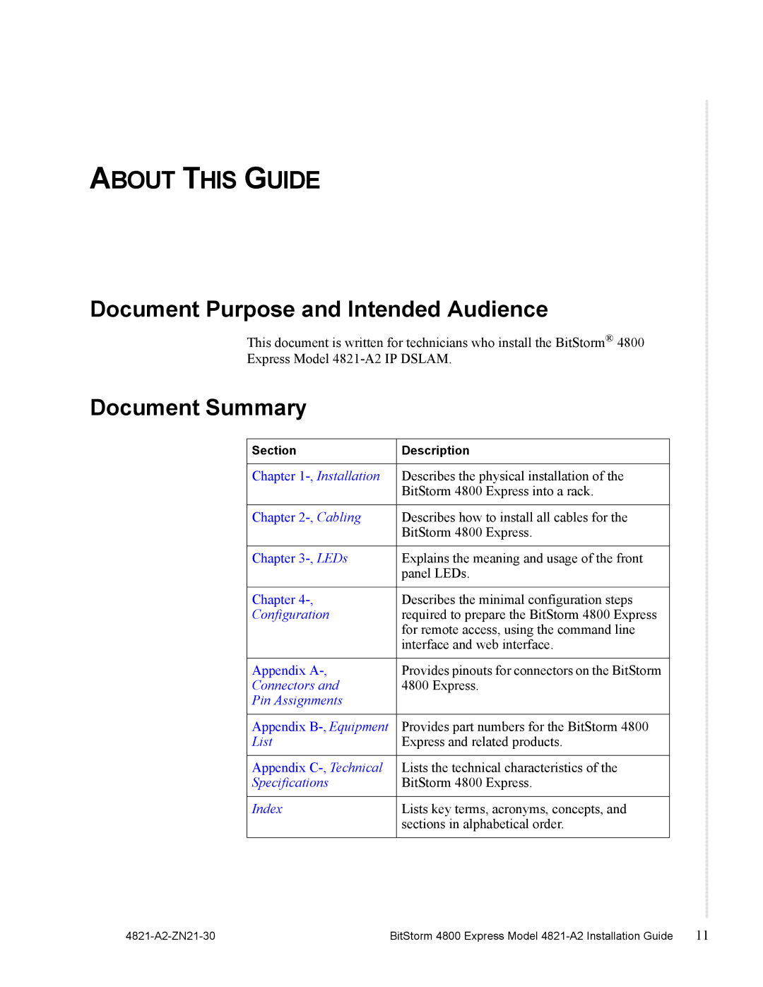 Zhone Technologies 4821-A2 manual About this Guide, Document Purpose and Intended Audience, Document Summary 