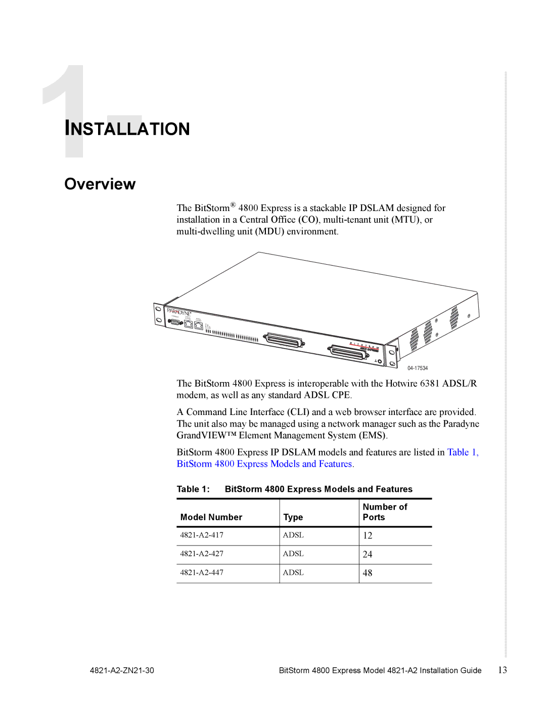 Zhone Technologies 4821-A2 manual Installation, Overview 