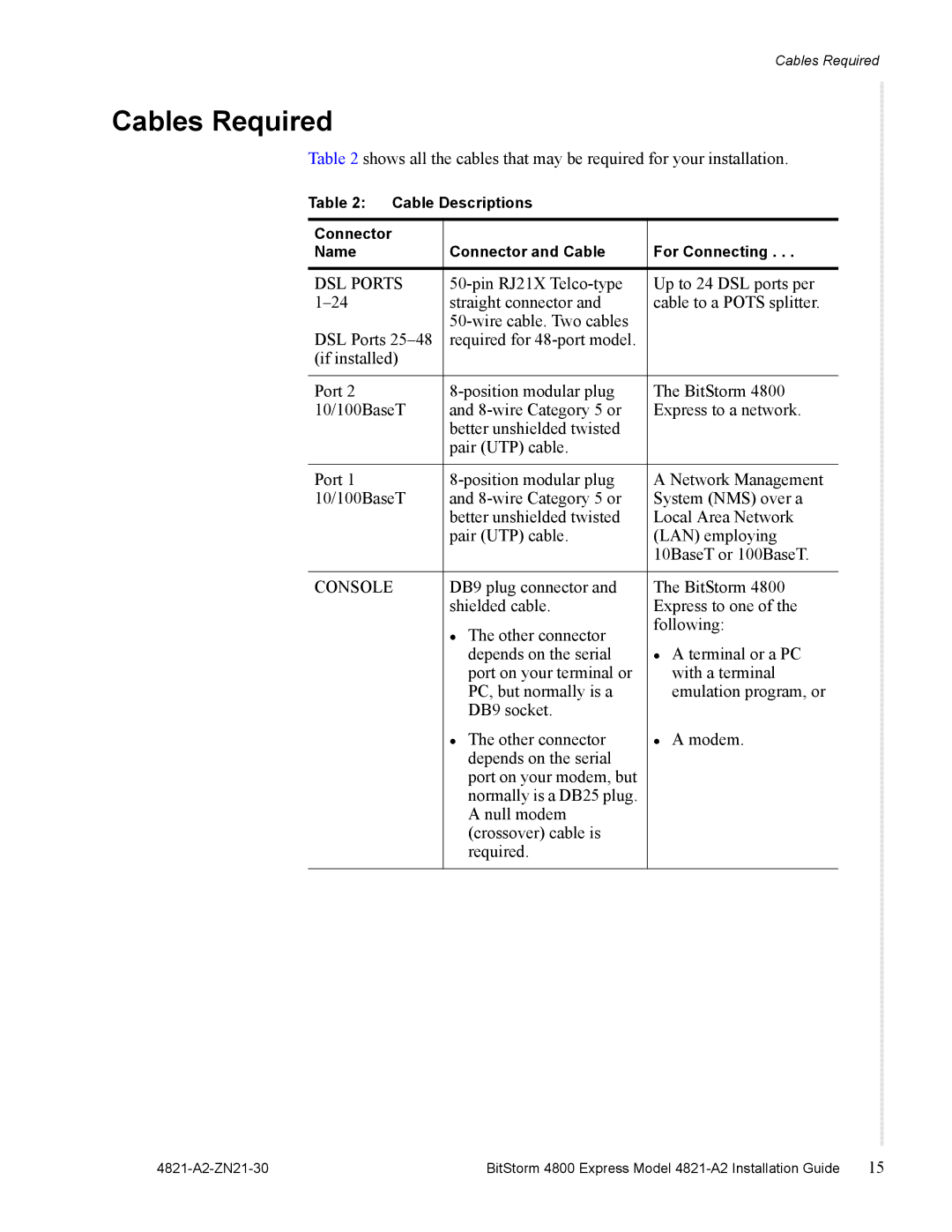 Zhone Technologies 4821-A2 manual Cables Required, DSL Ports 