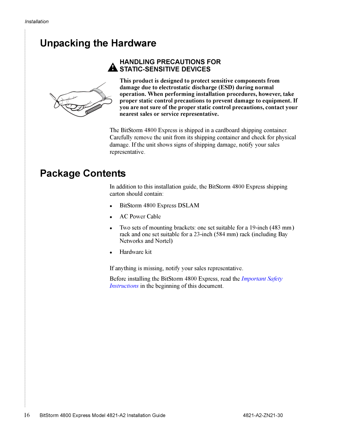 Zhone Technologies 4821-A2 manual Unpacking the Hardware, Package Contents 