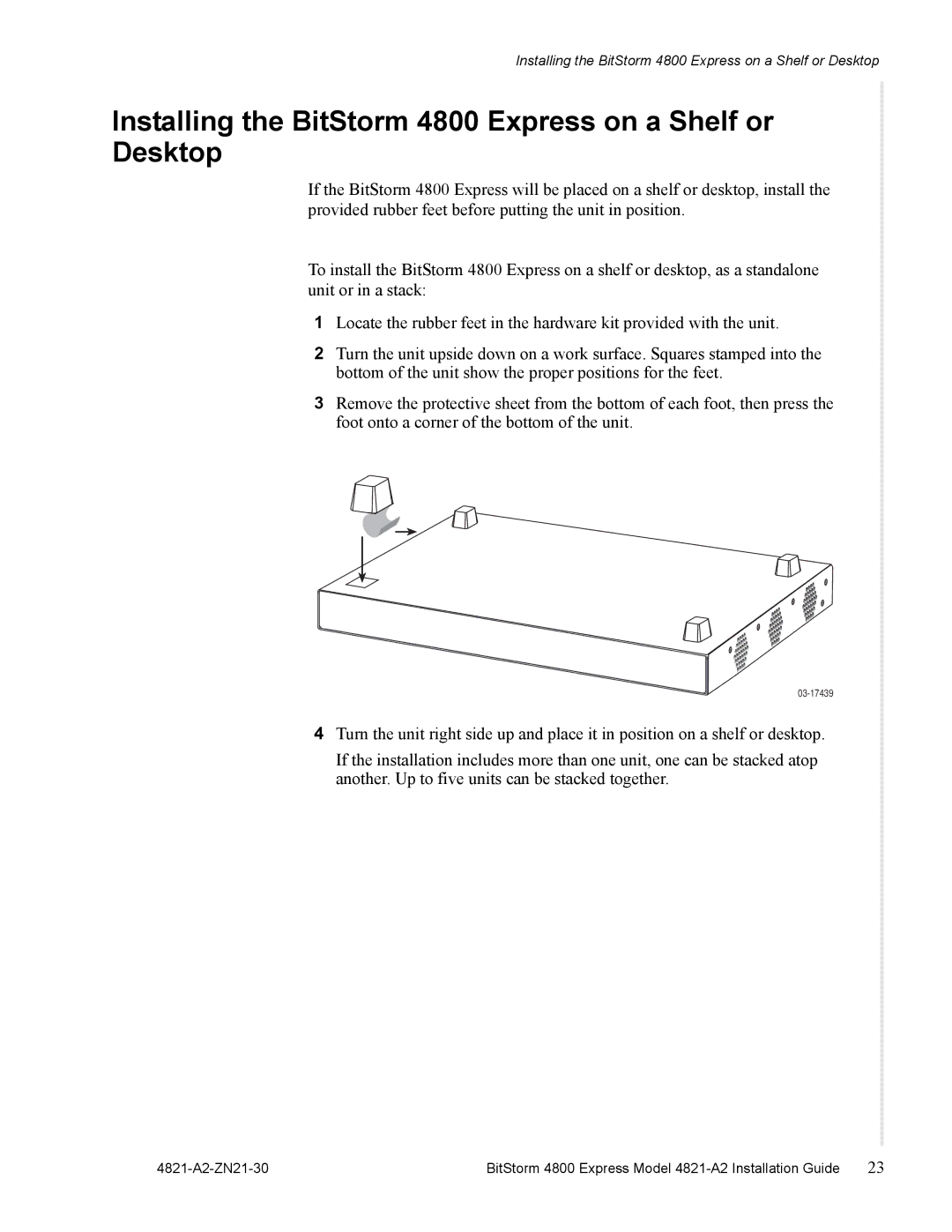 Zhone Technologies 4821-A2 manual Installing the BitStorm 4800 Express on a Shelf or Desktop 