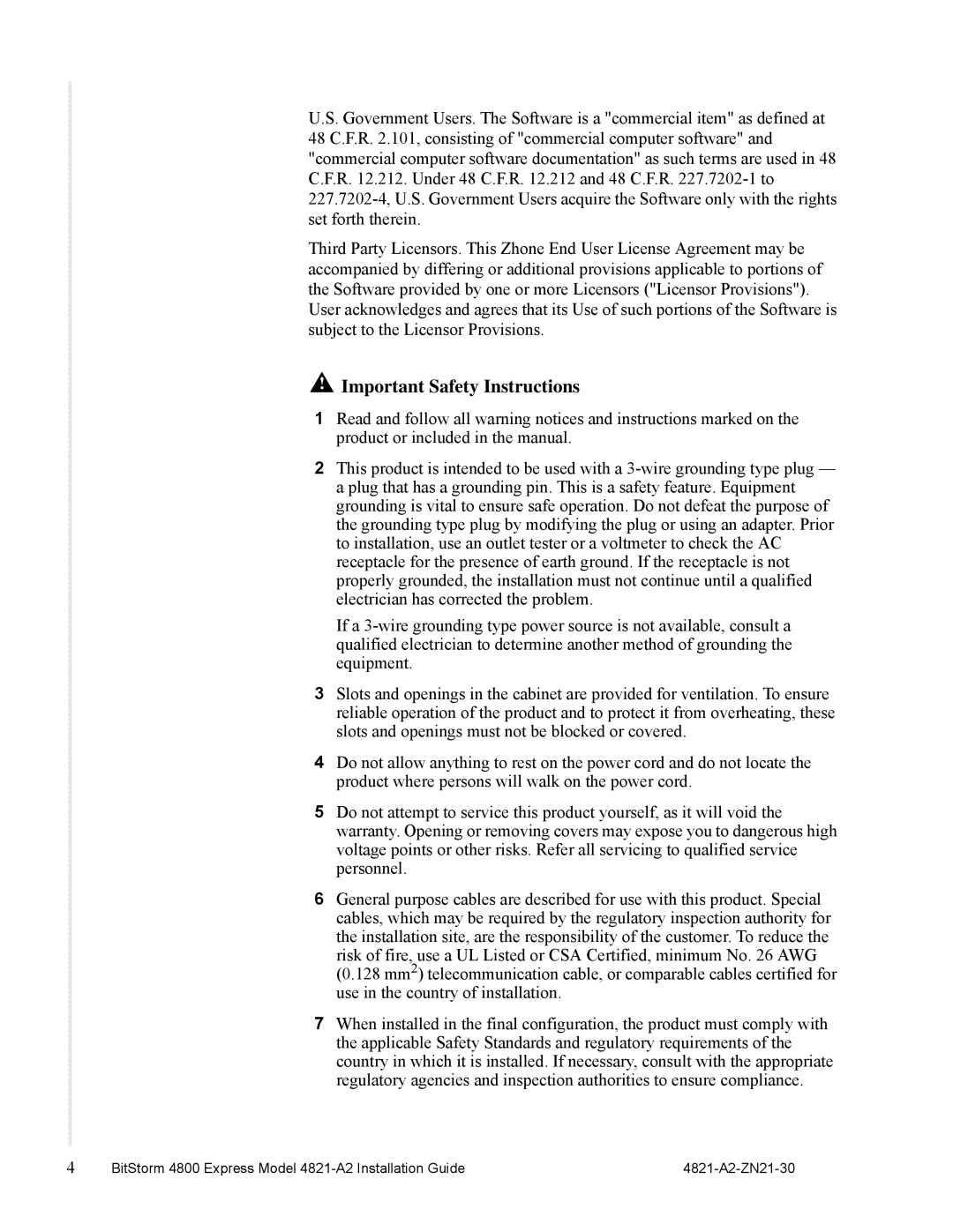 Zhone Technologies 4821-A2 manual Important Safety Instructions 