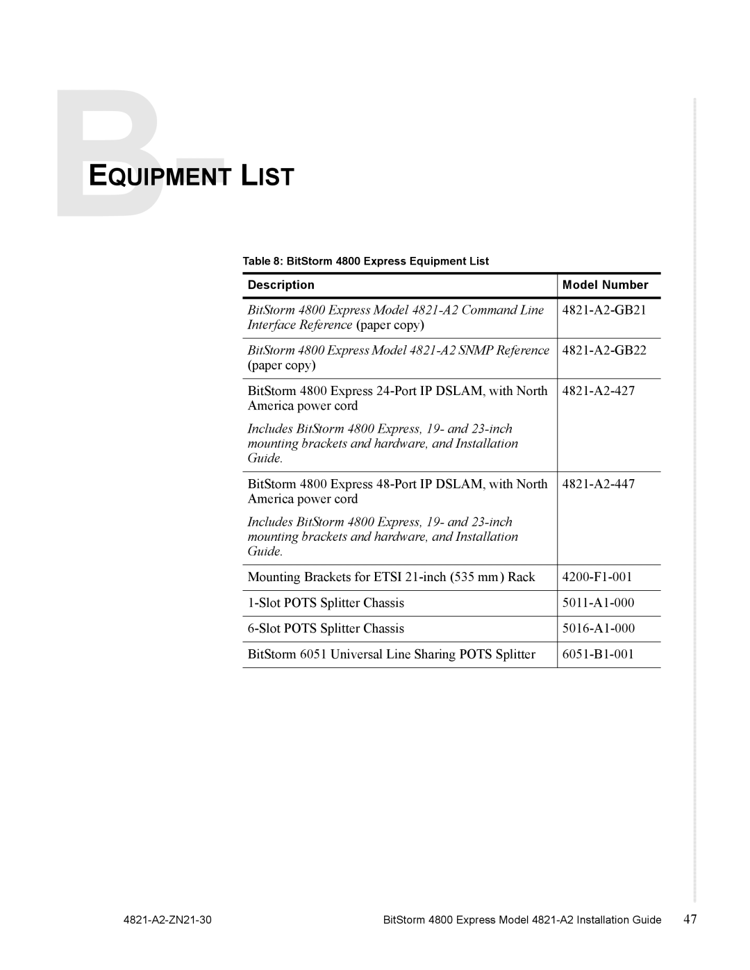 Zhone Technologies 4821-A2 manual Equipment List, Interface Reference paper copy 