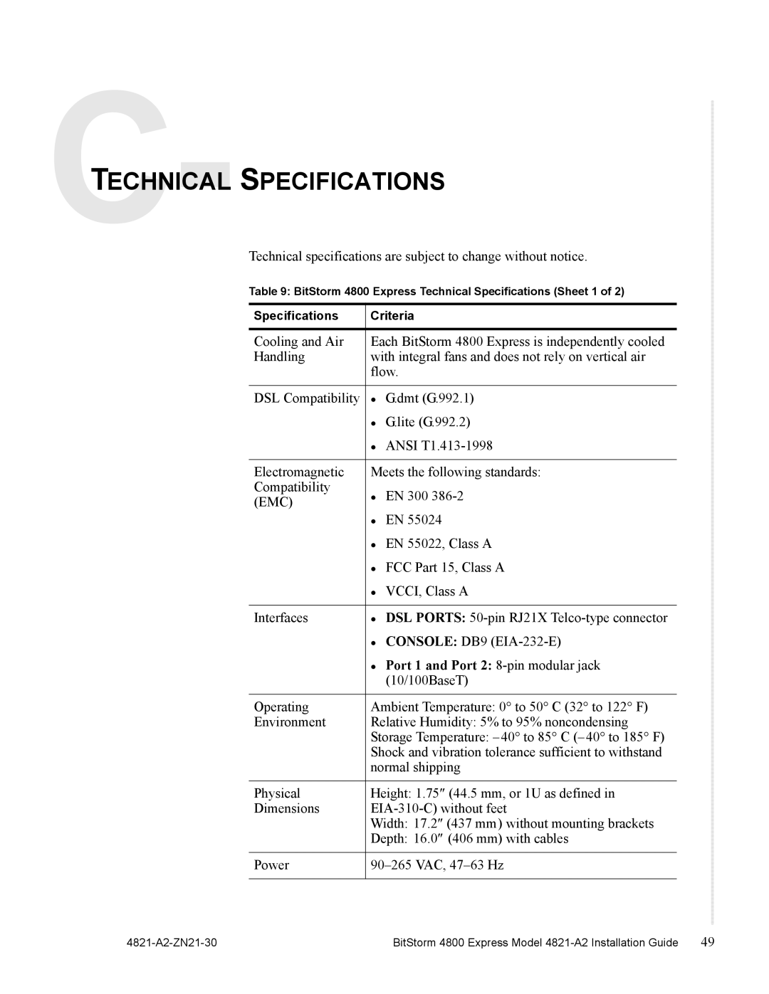 Zhone Technologies 4821-A2 manual Technical Specifications, Emc 