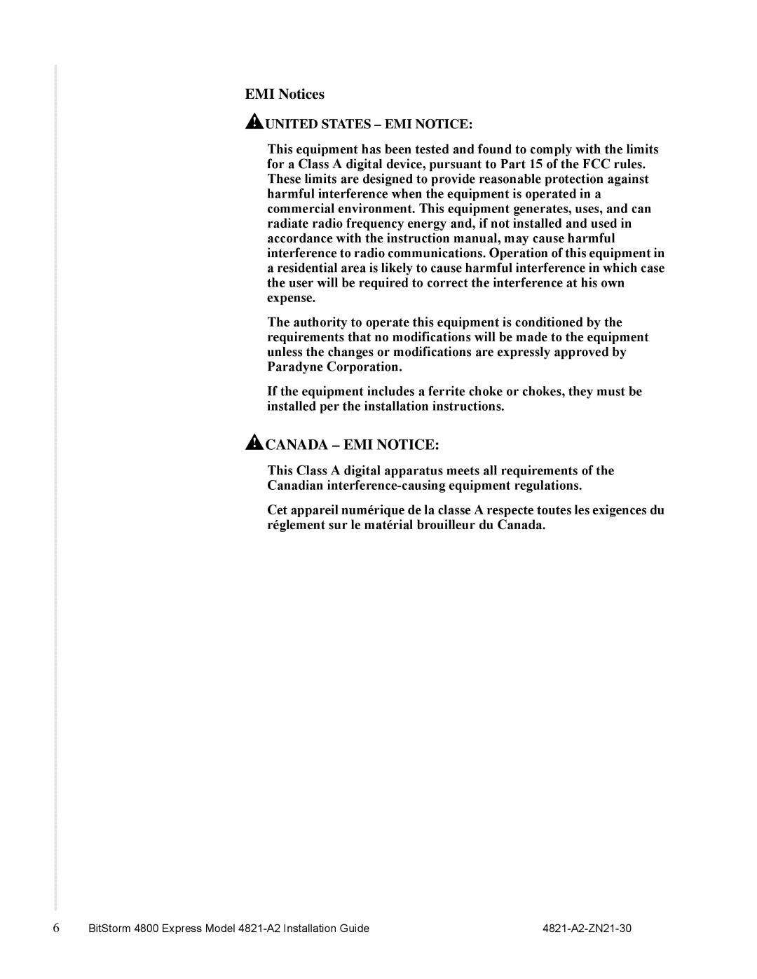 Zhone Technologies 4821-A2 manual Canada EMI Notice 