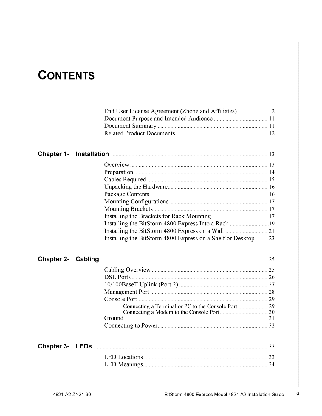 Zhone Technologies 4821-A2 manual Contents 