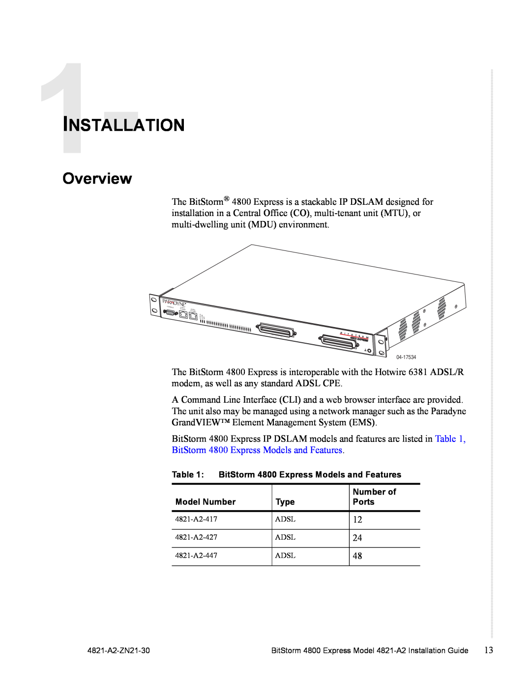 Zhone Technologies 4821-A2 manual Installation, Overview 