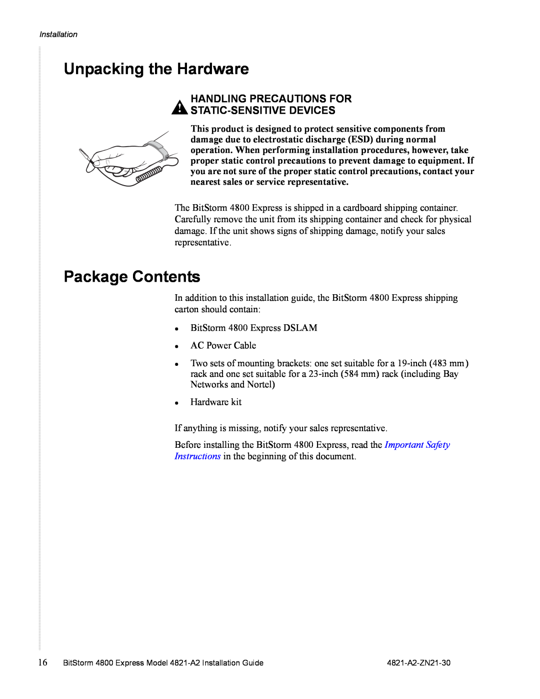 Zhone Technologies 4821-A2 Unpacking the Hardware, Package Contents, Handling Precautions For Static-Sensitive Devices 