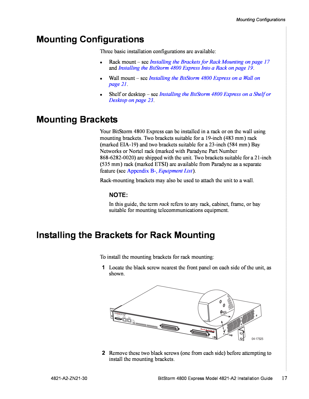 Zhone Technologies 4821-A2 Mounting Brackets, Mounting Configurations, Installing the Brackets for Rack Mounting, z z z 