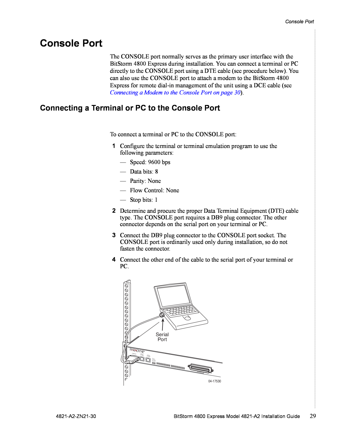 Zhone Technologies 4821-A2 manual Connecting a Terminal or PC to the Console Port 