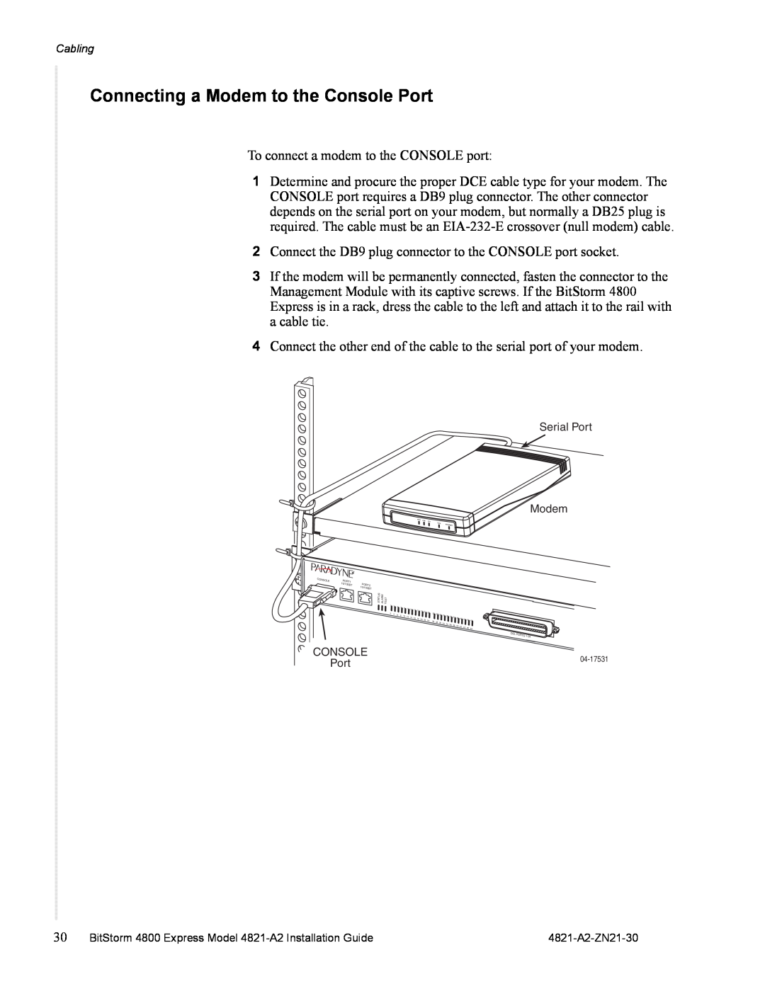 Zhone Technologies 4821-A2 manual Connecting a Modem to the Console Port 