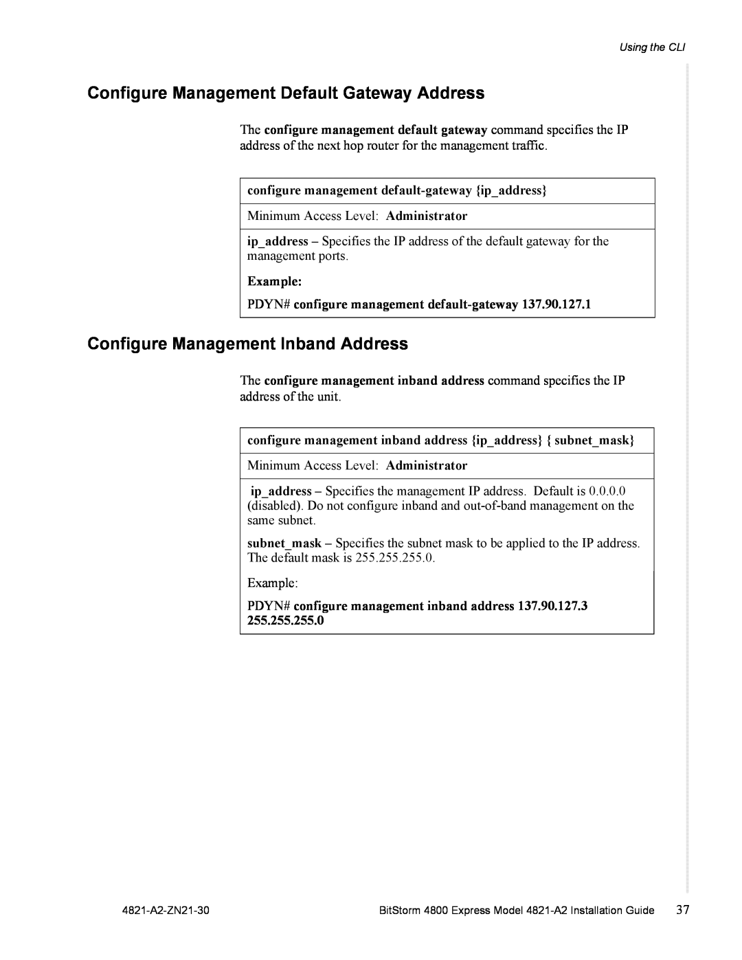 Zhone Technologies 4821-A2 manual Configure Management Default Gateway Address, Configure Management Inband Address 
