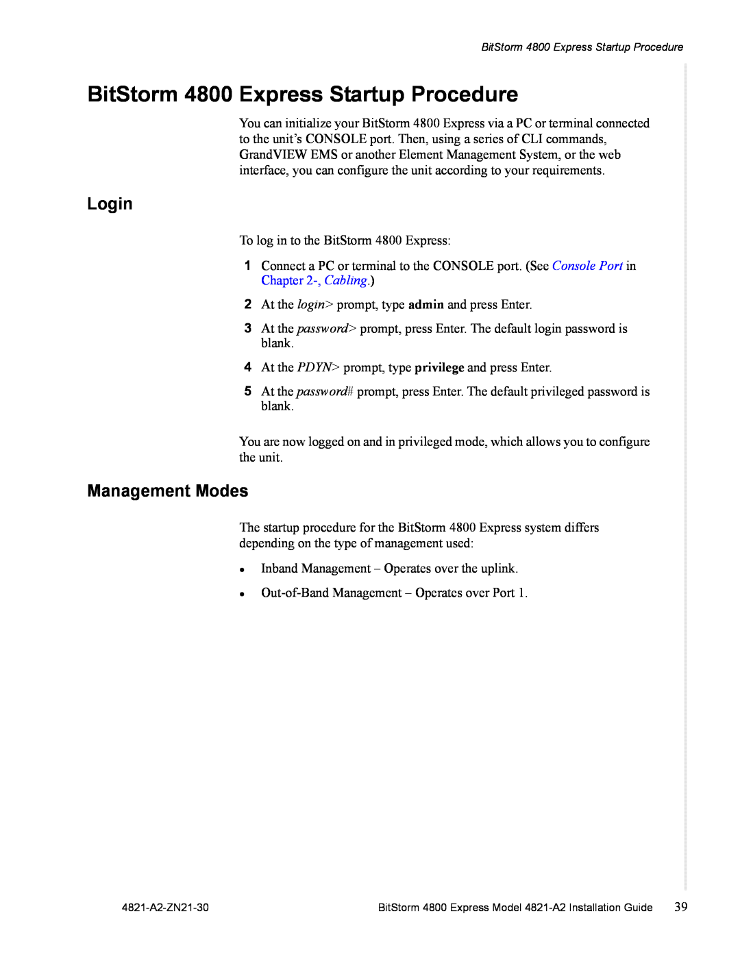 Zhone Technologies 4821-A2 manual BitStorm 4800 Express Startup Procedure, Login, Management Modes 