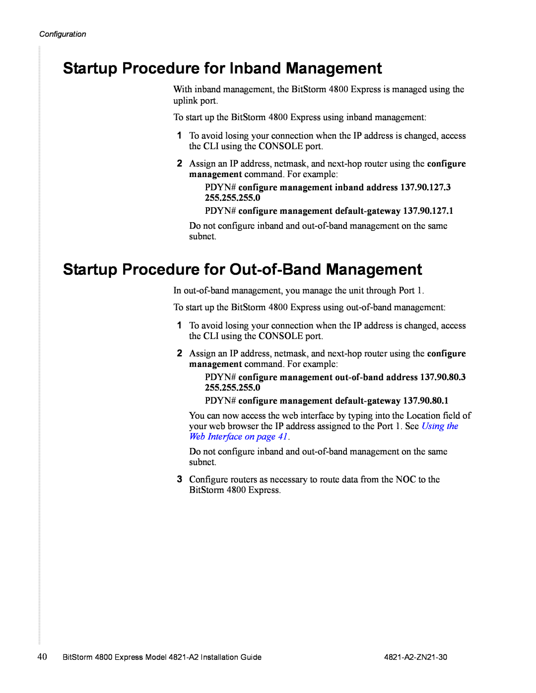 Zhone Technologies 4821-A2 manual Startup Procedure for Inband Management, Startup Procedure for Out-of-Band Management 