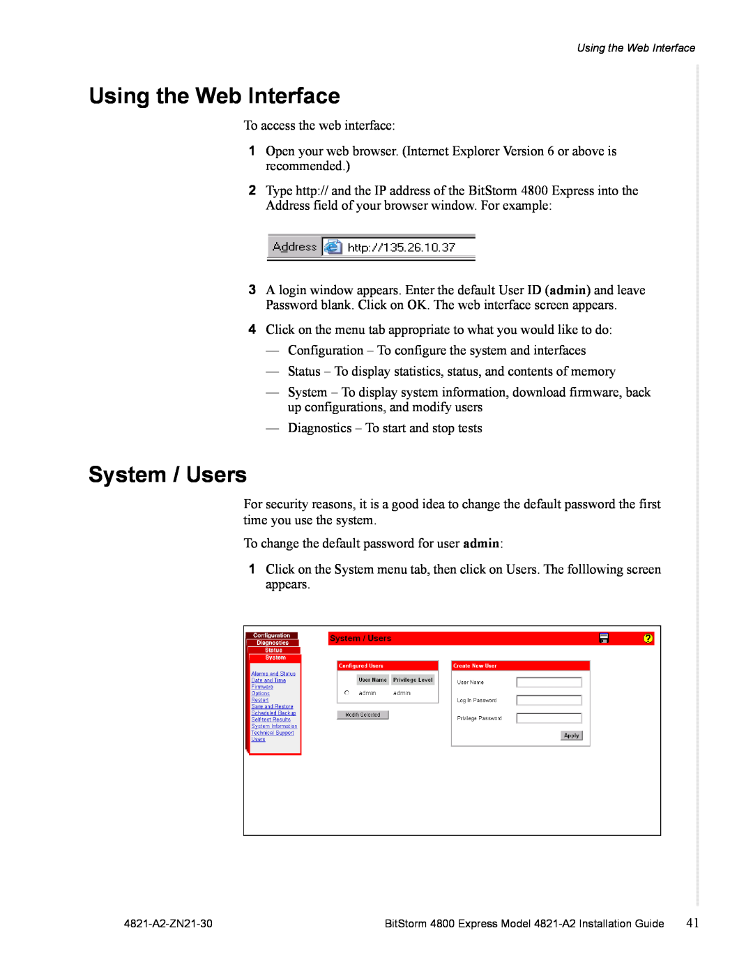 Zhone Technologies 4821-A2 manual Using the Web Interface, System / Users 