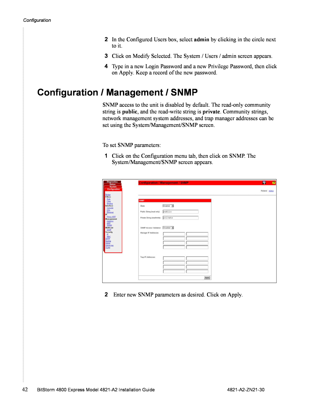 Zhone Technologies 4821-A2 manual Configuration / Management / SNMP 