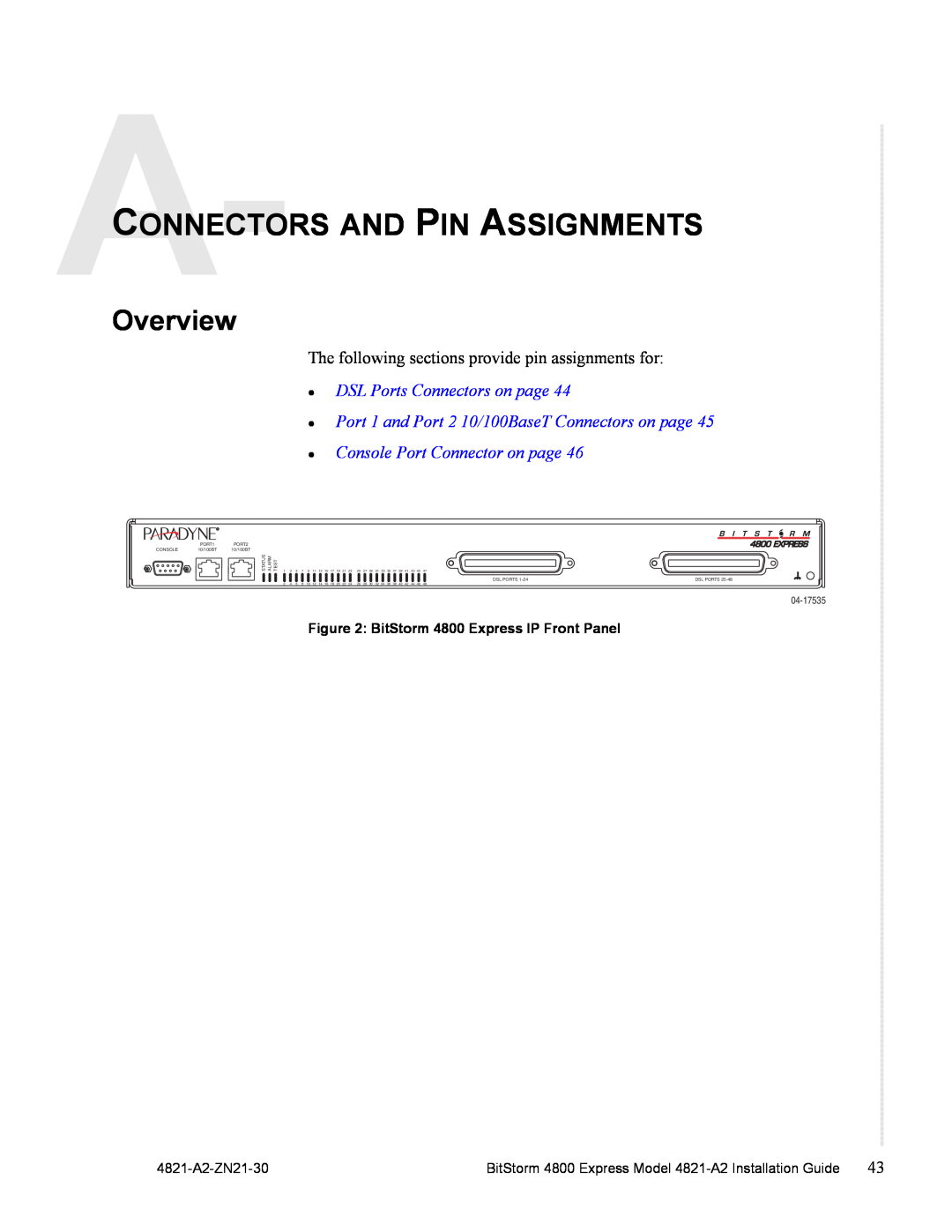 Zhone Technologies Connectors And Pin Assignments, Overview, z DSL Ports Connectors on page, 4821-A2-ZN21-30, 04-17535 