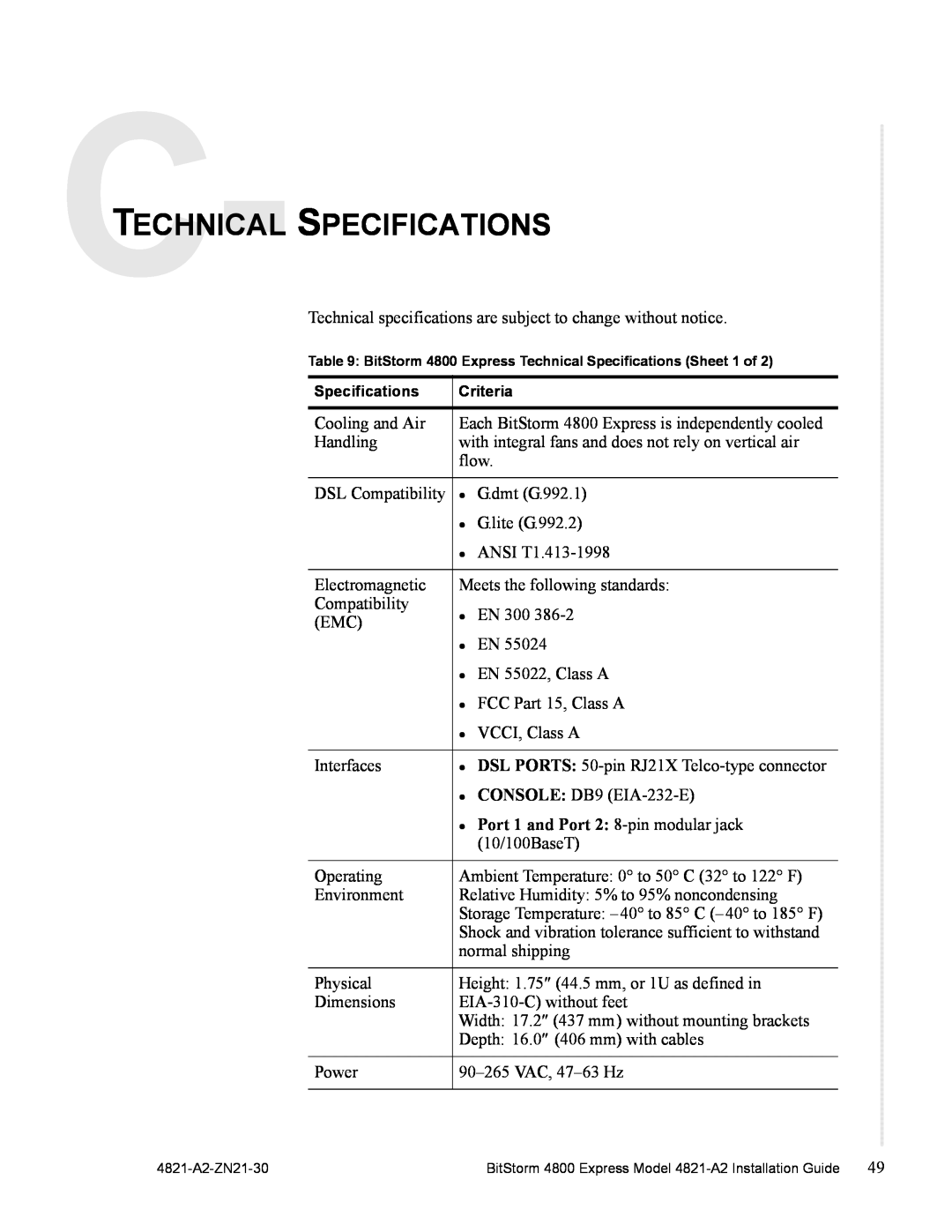 Zhone Technologies 4821-A2 manual Technical Specifications, z Port 1 and Port 2 8-pin modular jack 