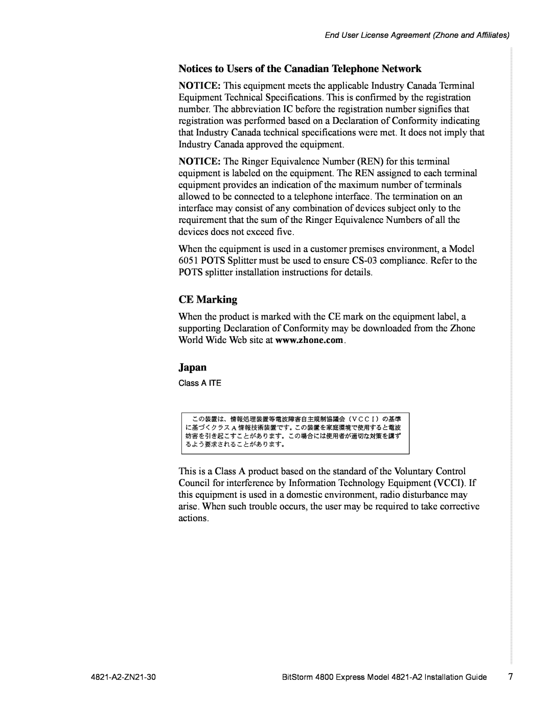 Zhone Technologies 4821-A2 manual Notices to Users of the Canadian Telephone Network, CE Marking, Japan, Class A ITE 