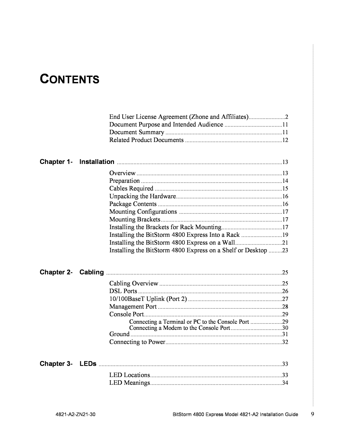 Zhone Technologies 4821-A2 manual Contents, Chapter 