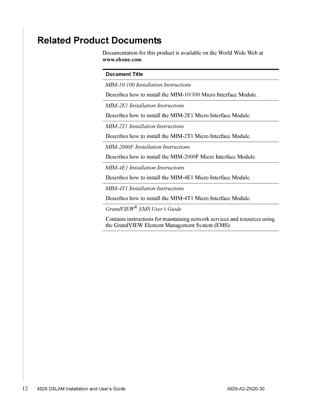 Zhone Technologies 4929 DSLAM manual Related Product Documents, GrandVIEW EMS User’s Guide 