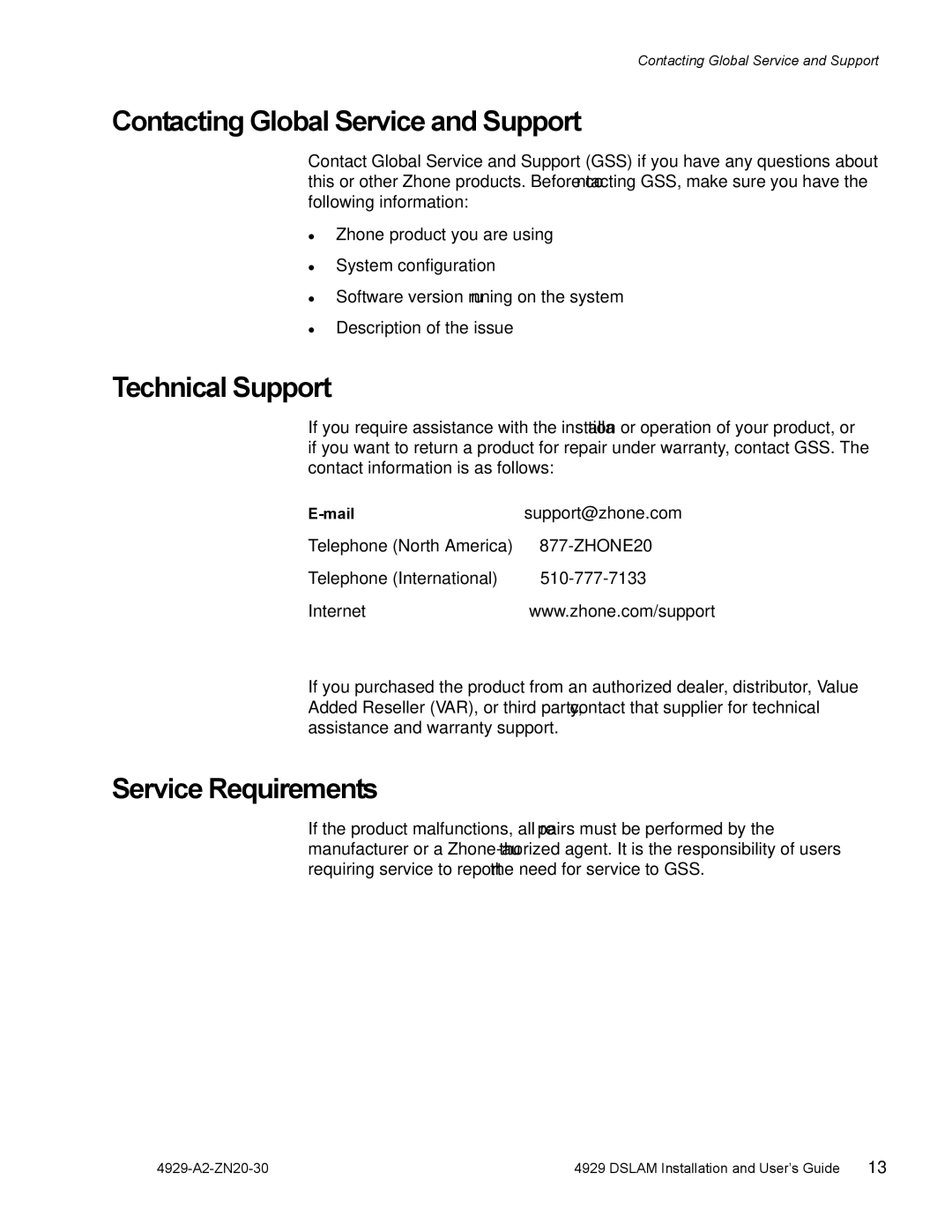 Zhone Technologies 4929 DSLAM manual Contacting Global Service and Support, Technical Support, Service Requirements 
