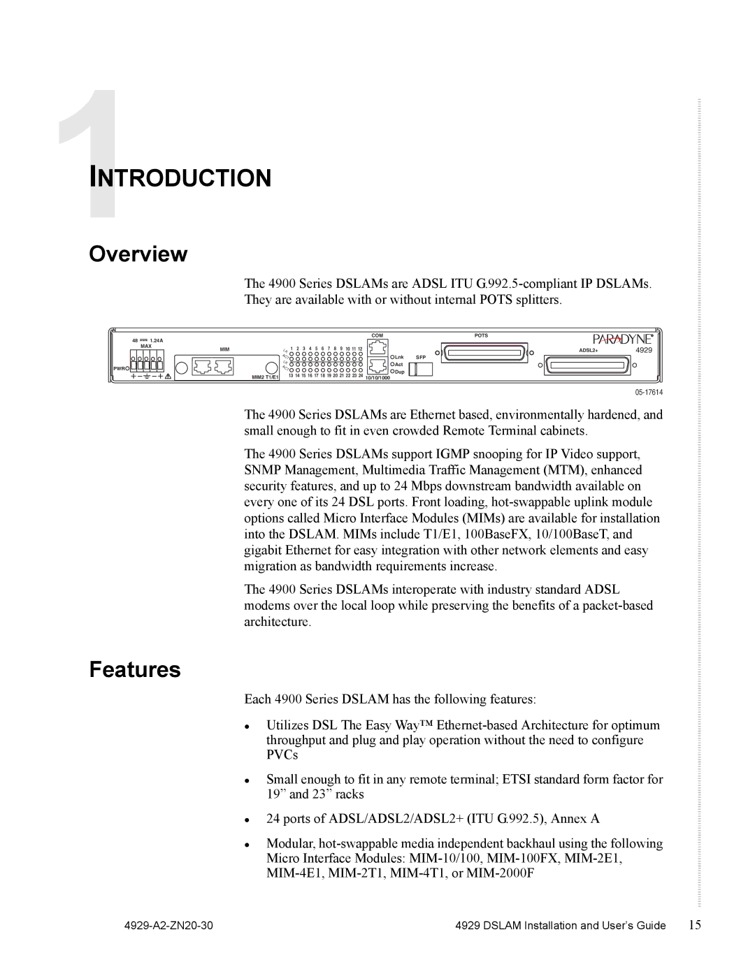 Zhone Technologies 4929 DSLAM manual Introduction, Overview, Features 