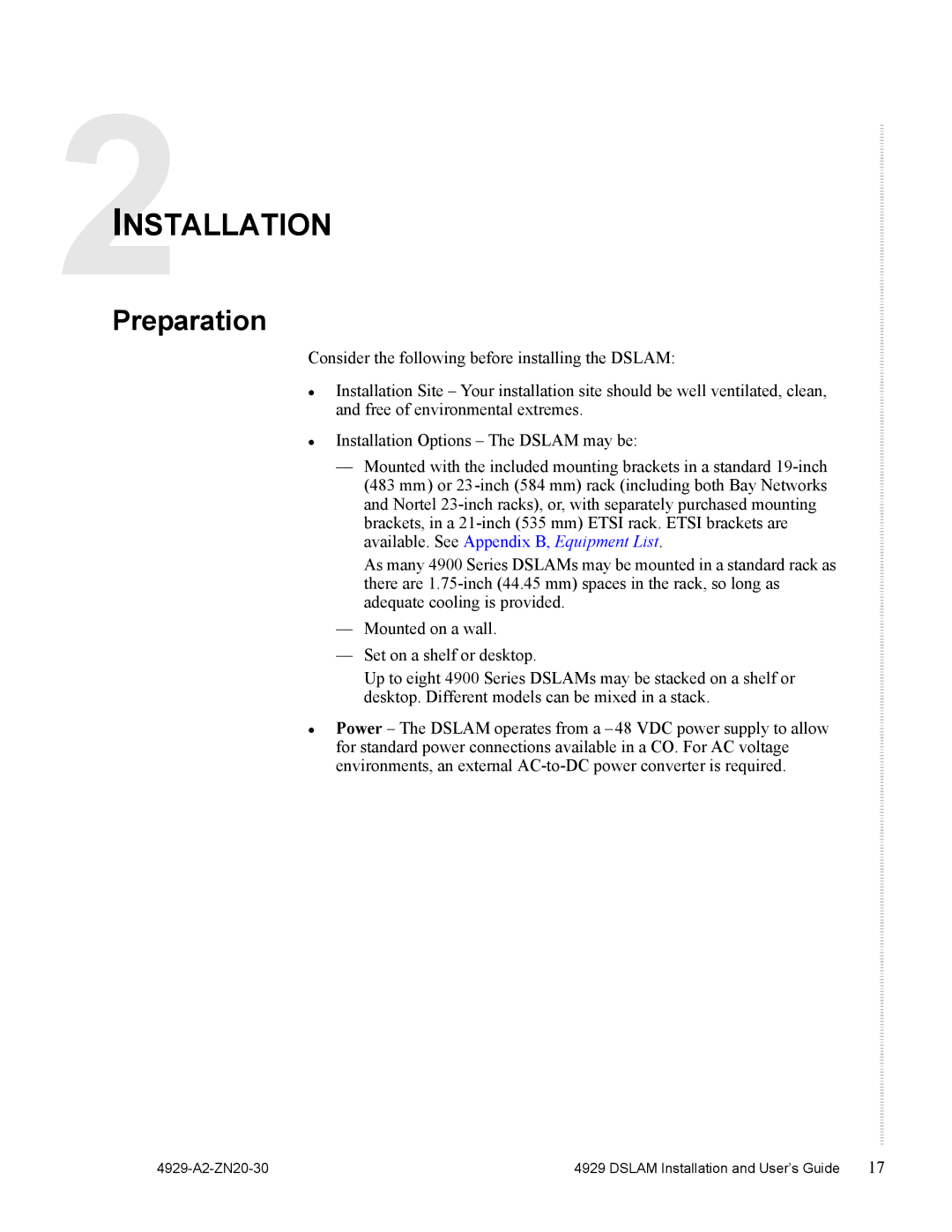 Zhone Technologies 4929 DSLAM manual Installation, Preparation 