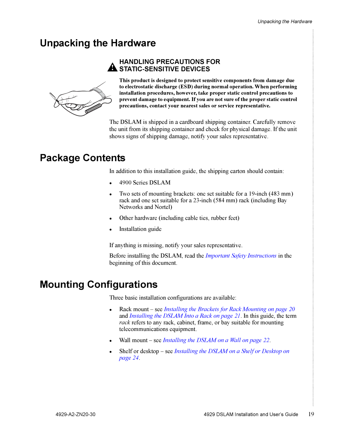 Zhone Technologies 4929 DSLAM manual Unpacking the Hardware, Package Contents, Mounting Configurations 