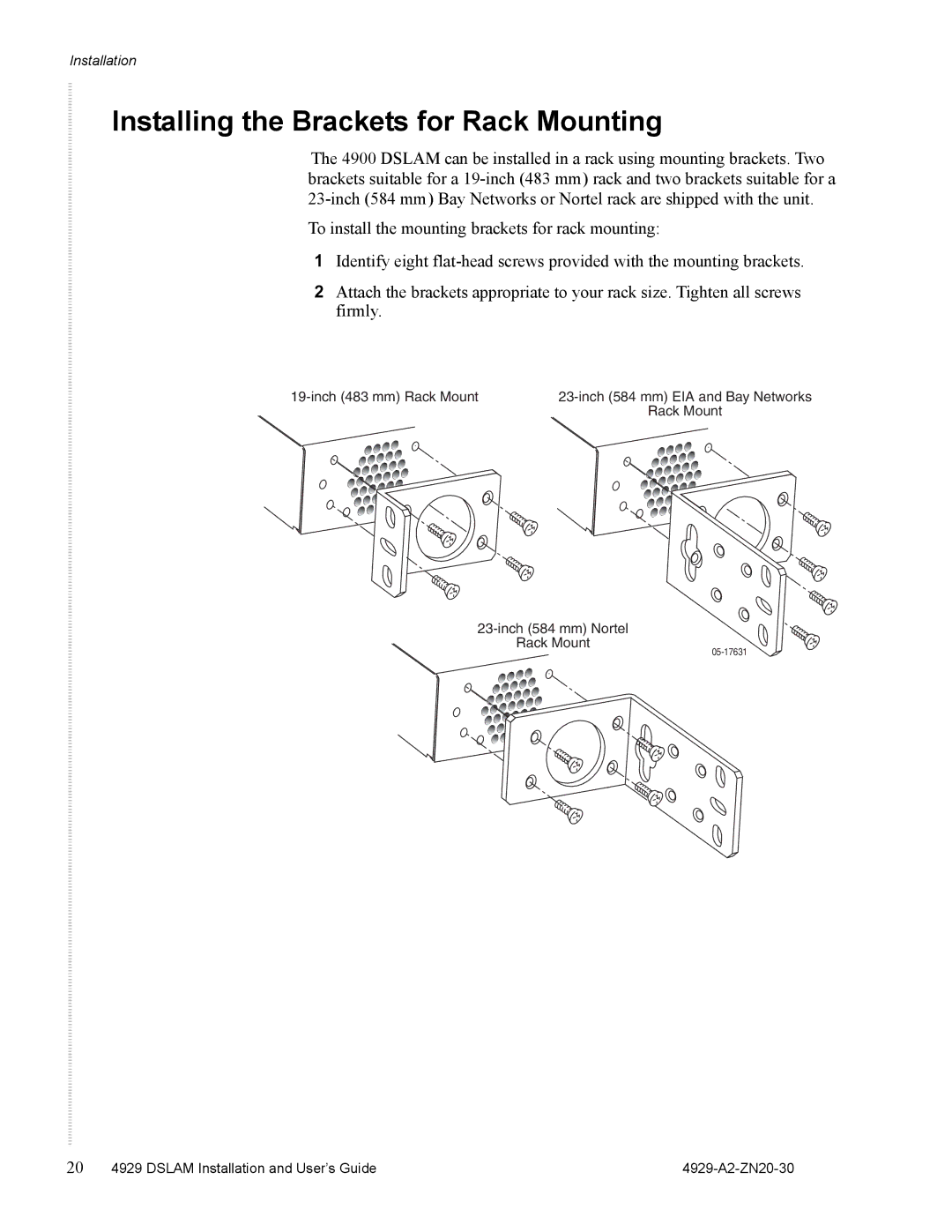 Zhone Technologies 4929 DSLAM manual Installing the Brackets for Rack Mounting 