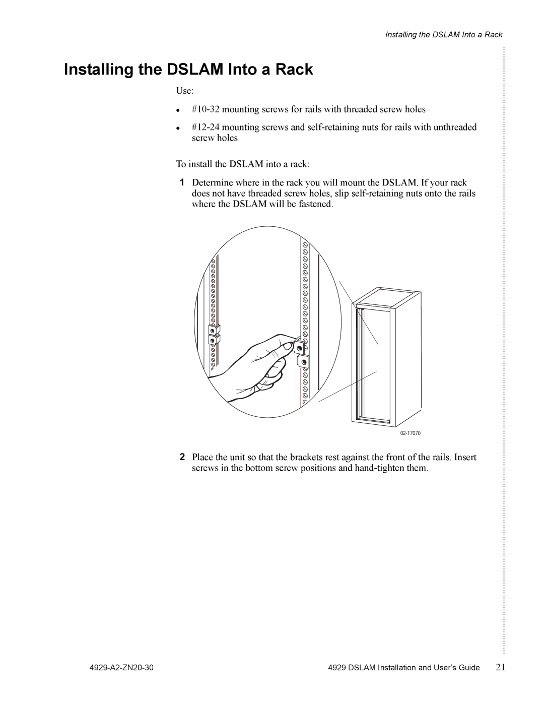 Zhone Technologies 4929 DSLAM manual Installing the Dslam Into a Rack 