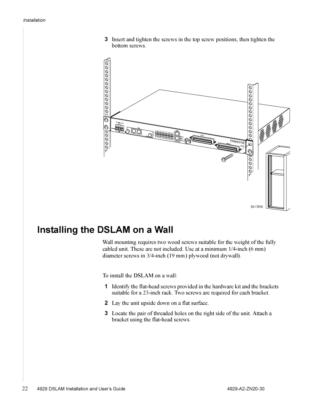 Zhone Technologies 4929 DSLAM manual Installing the Dslam on a Wall 