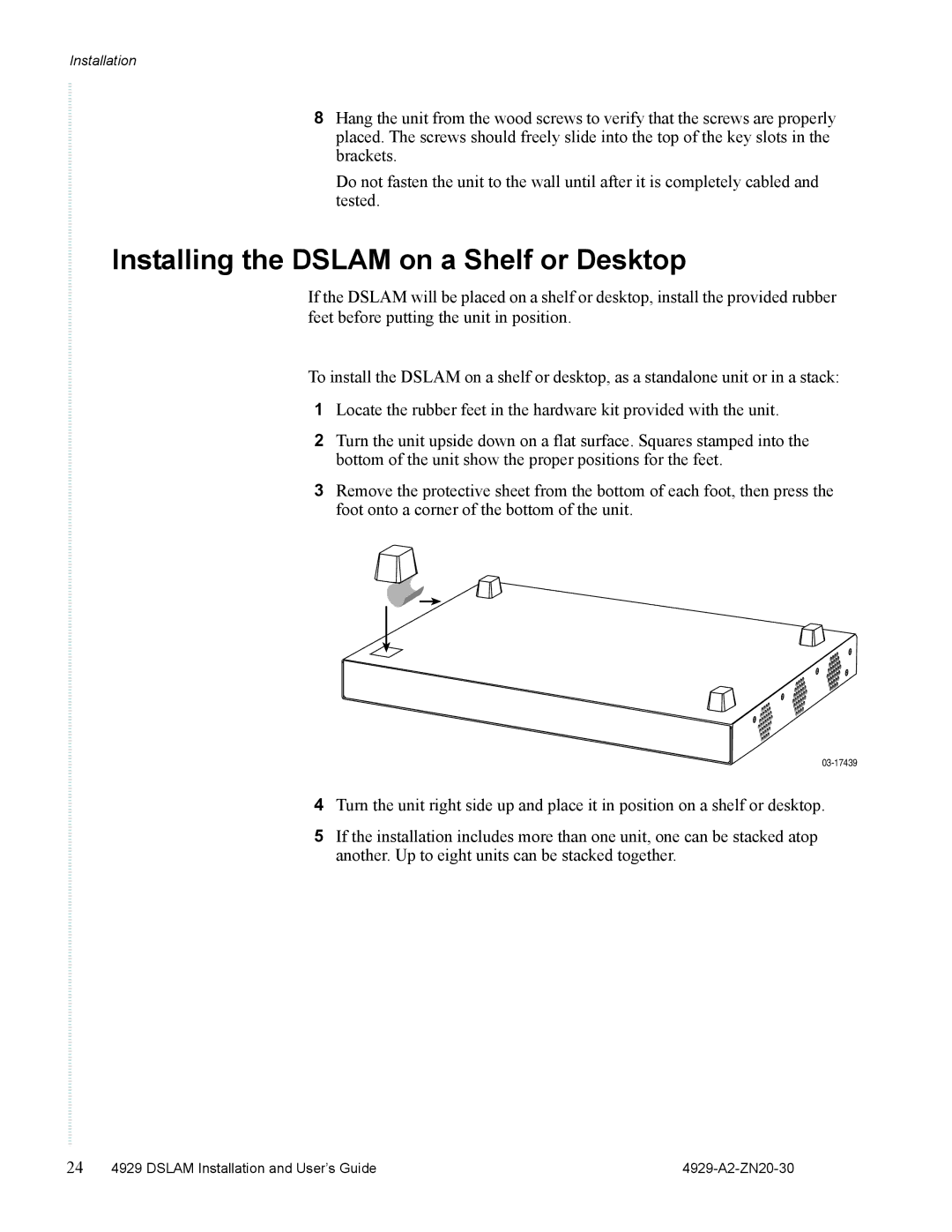 Zhone Technologies 4929 DSLAM manual Installing the Dslam on a Shelf or Desktop 