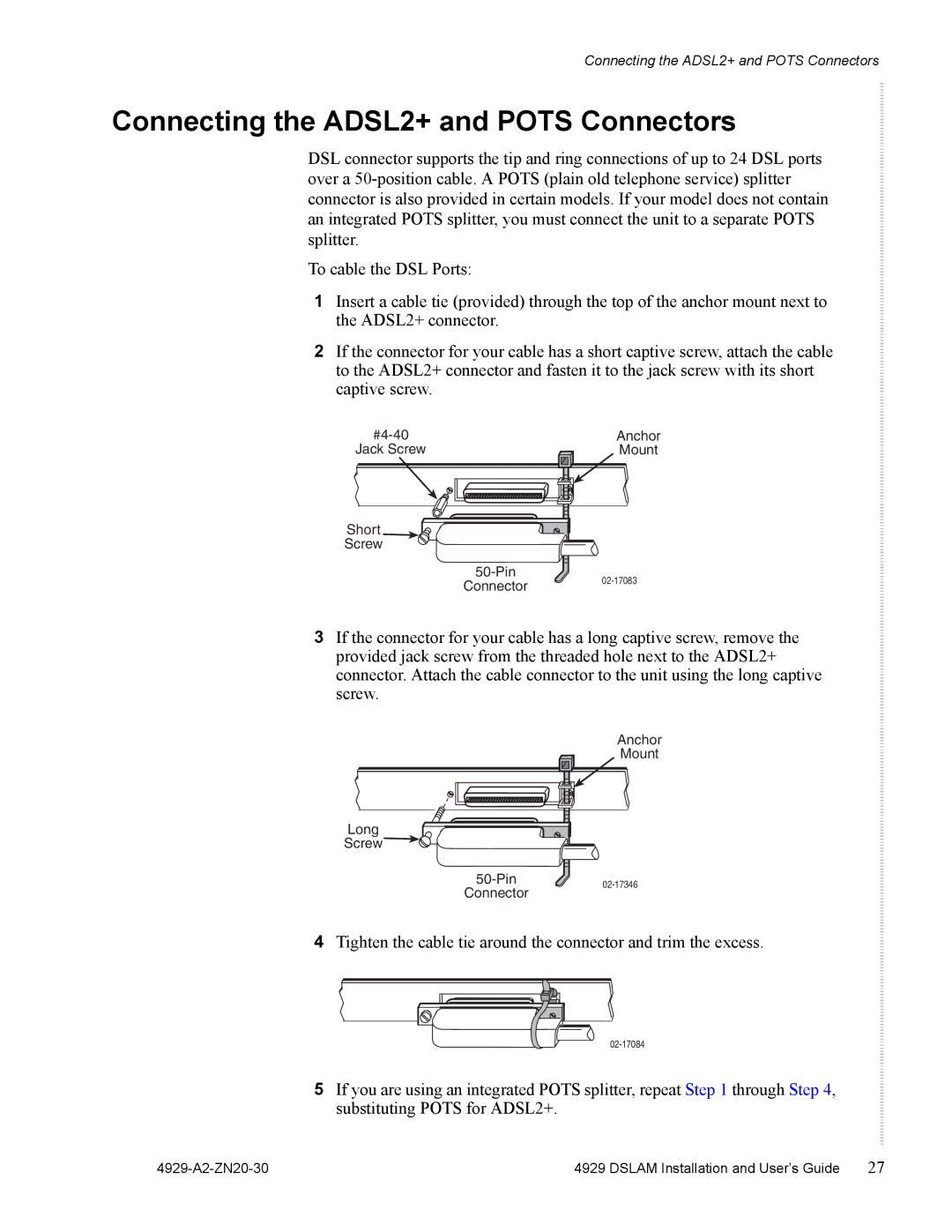 Zhone Technologies 4929 DSLAM manual Connecting the ADSL2+ and Pots Connectors 