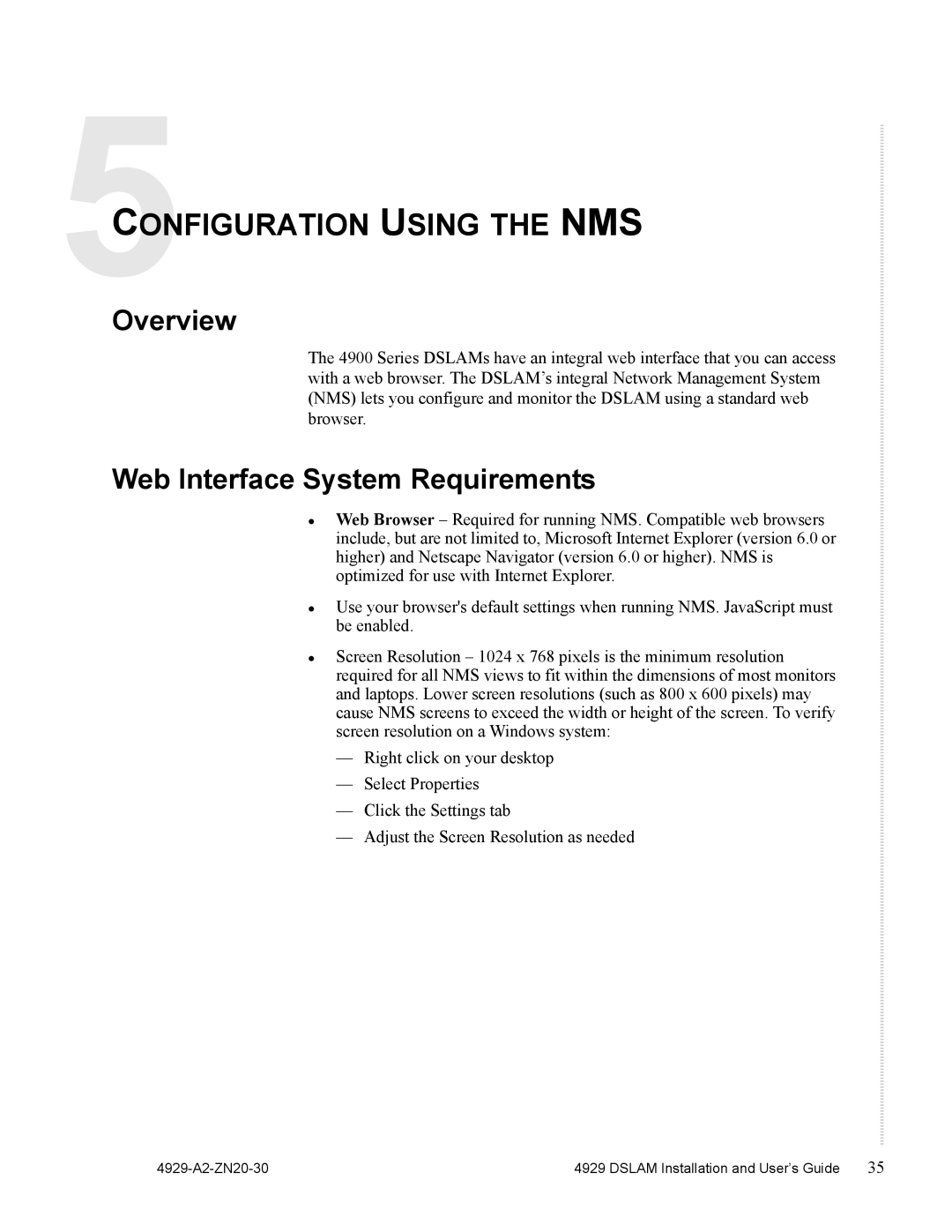 Zhone Technologies 4929 DSLAM manual Configuration Using the NMS, Web Interface System Requirements 