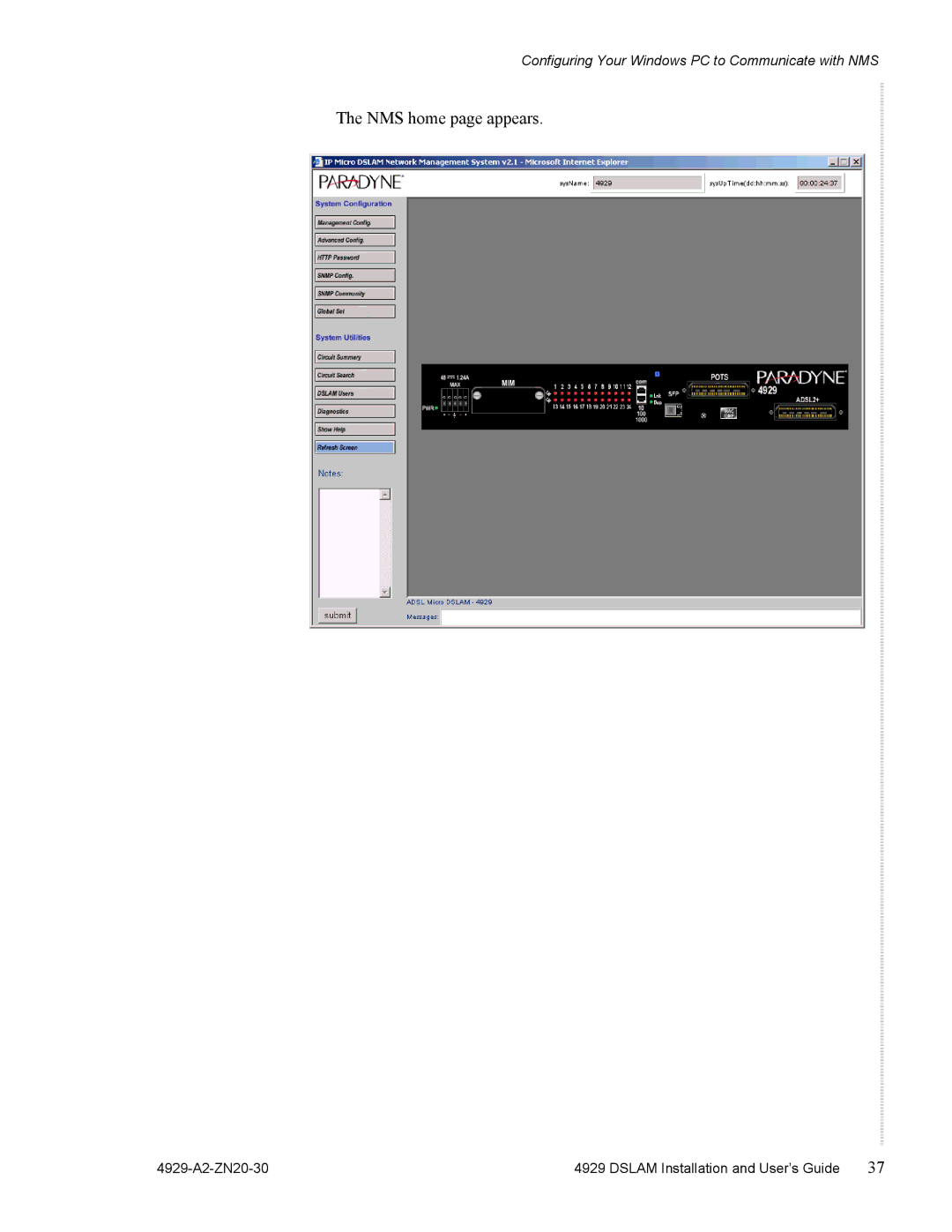 Zhone Technologies 4929 DSLAM manual NMS home page appears 