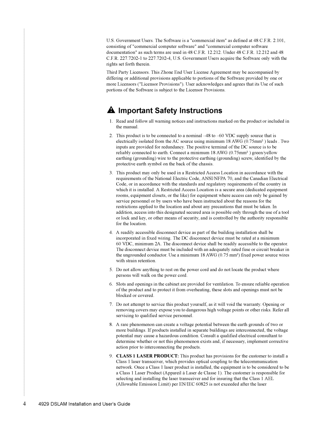 Zhone Technologies 4929 DSLAM manual Important Safety Instructions 