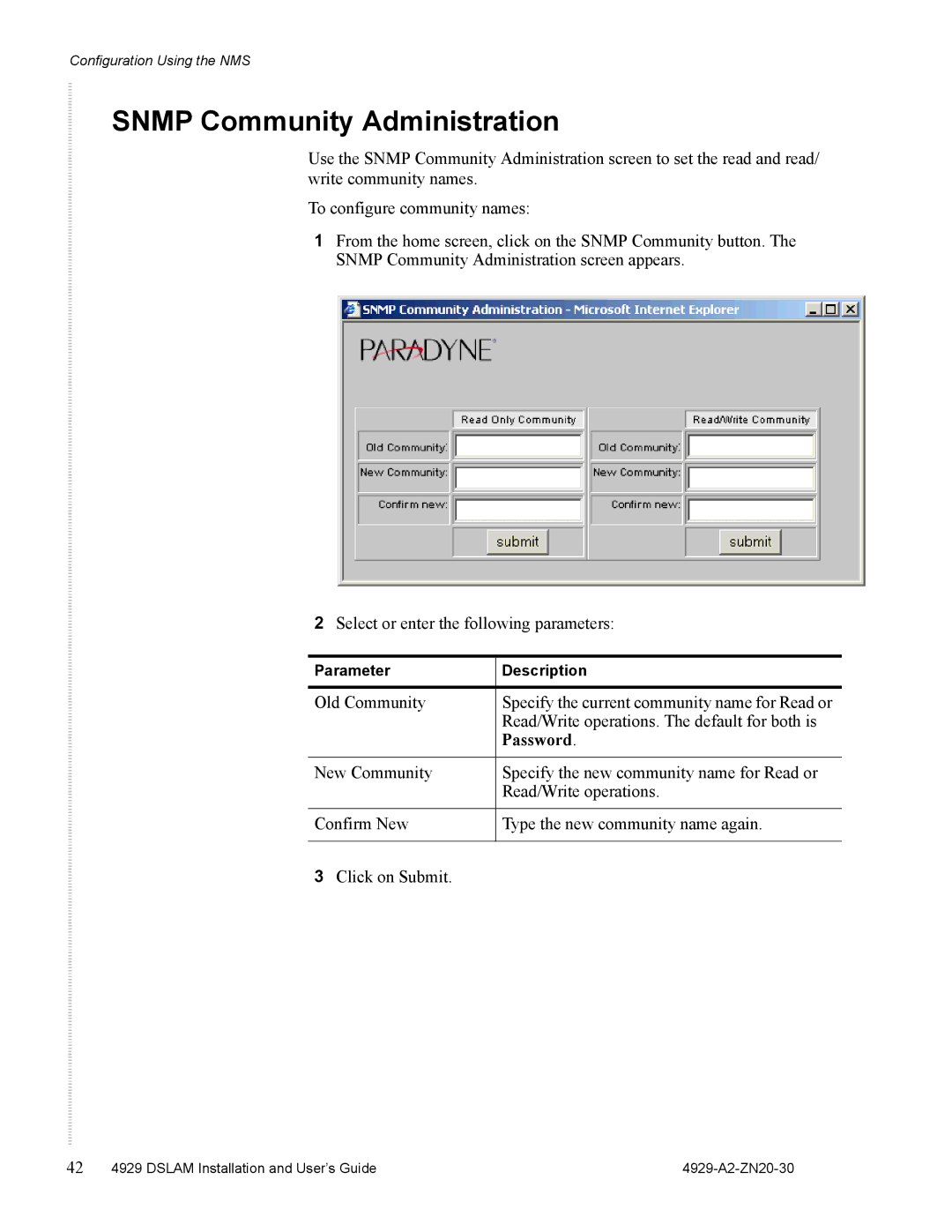 Zhone Technologies 4929 DSLAM manual Snmp Community Administration 