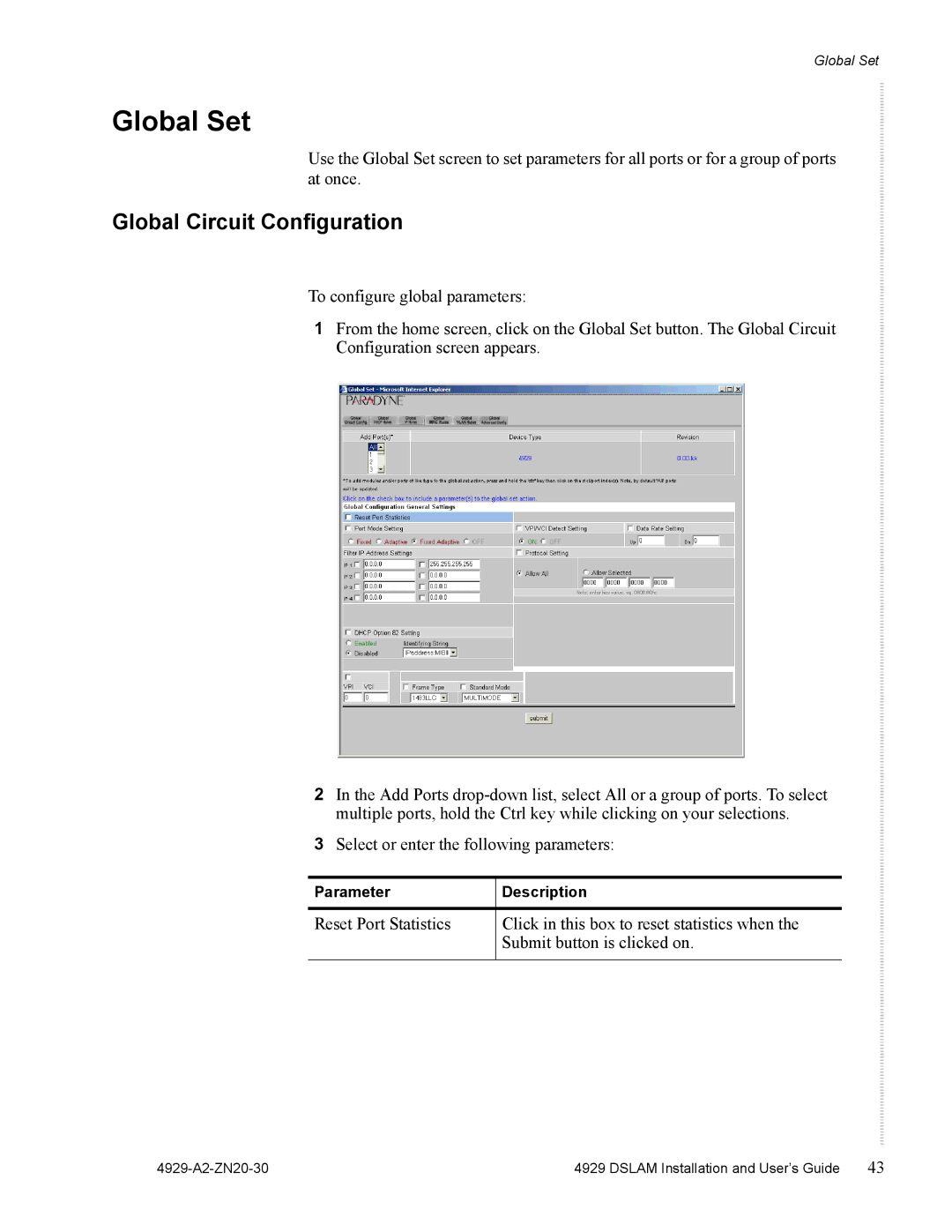 Zhone Technologies 4929 DSLAM manual Global Set, Global Circuit Configuration 