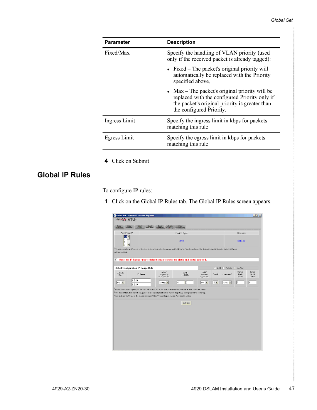 Zhone Technologies 4929 DSLAM manual Global IP Rules 