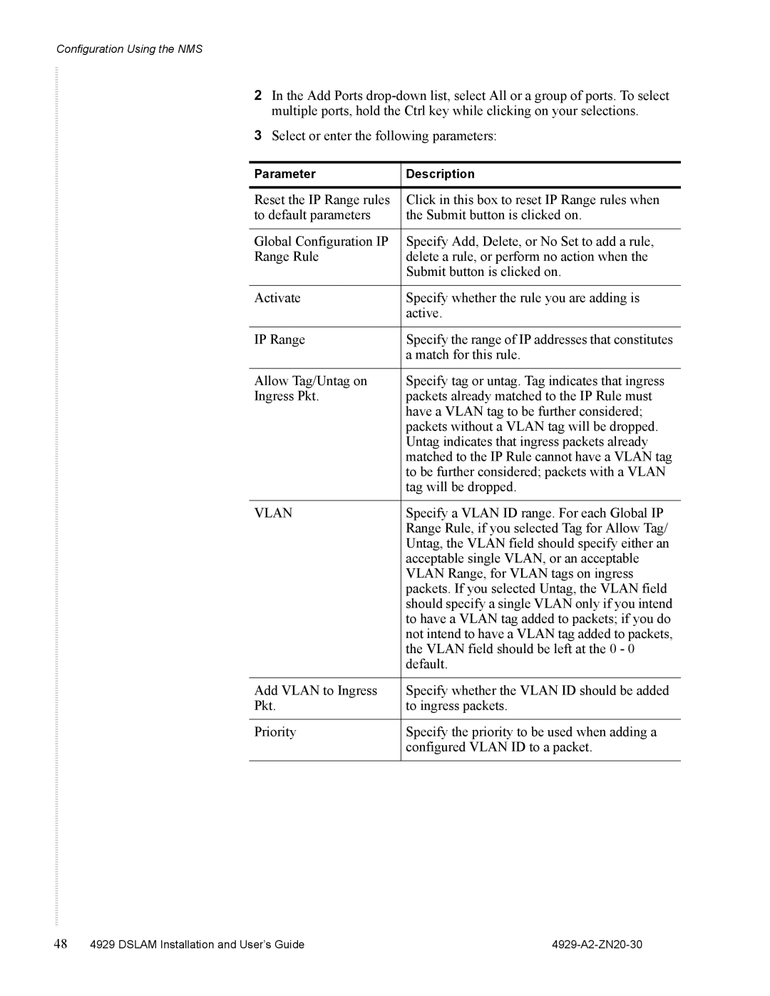 Zhone Technologies 4929 DSLAM manual Specify a Vlan ID range. For each Global IP 