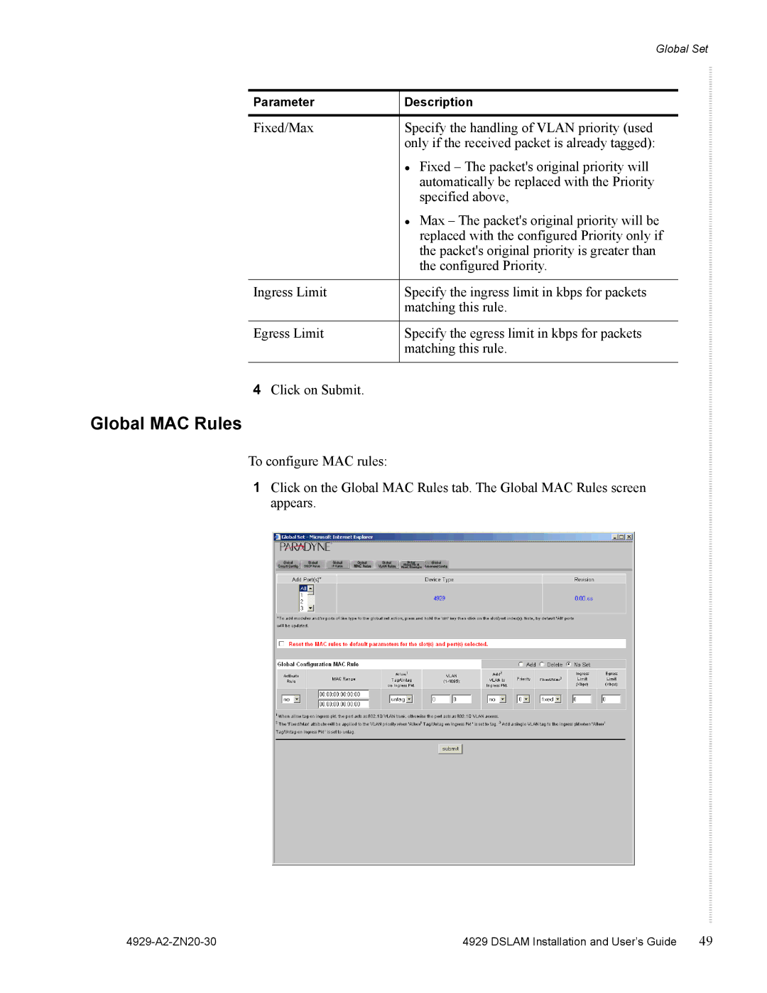 Zhone Technologies 4929 DSLAM manual Global MAC Rules 