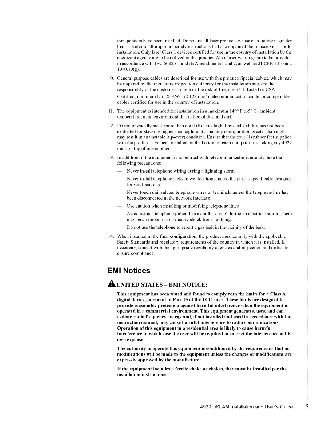 Zhone Technologies 4929 DSLAM manual EMI Notices, United States EMI Notice 