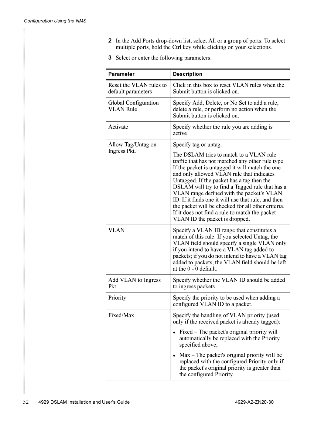 Zhone Technologies 4929 DSLAM manual Specify a Vlan ID range that constitutes a 