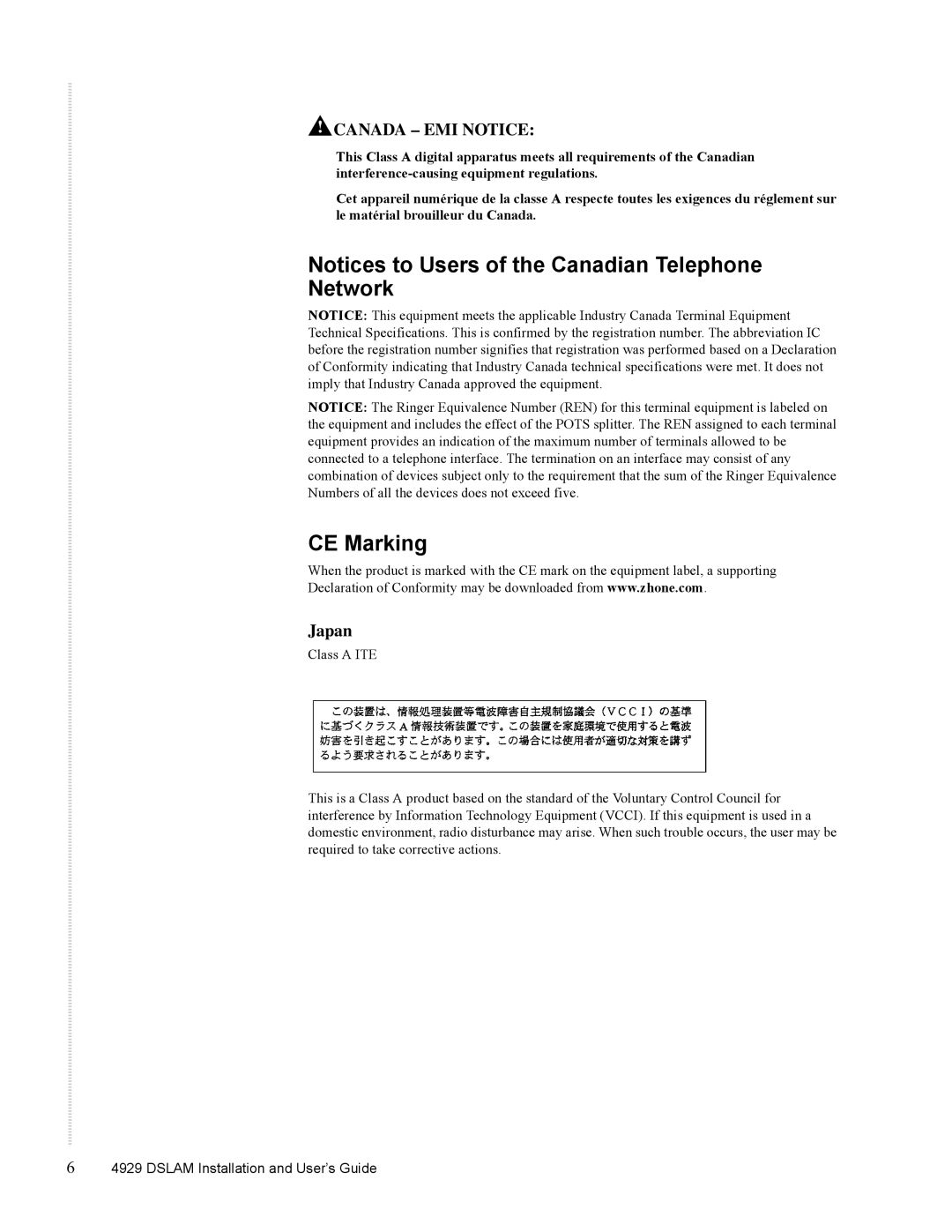 Zhone Technologies 4929 DSLAM manual CE Marking, Canada EMI Notice 